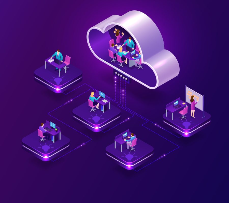 Innovative brainstorming tools review banner. Creative communication and teamwork concept. Vector landing page with isometric office with computer, employee and meeting people